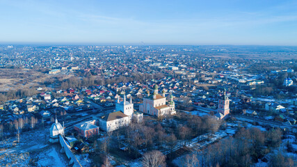 Aerial view of Goritsky Uspensky monastery at sunny winter day. Pereslavl-Zalessky, Yaroslavl Oblast, Russia.