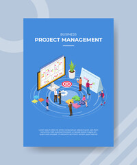 project management people standing handshake deal around puzzle calendar planing target computer for template of banner and flyer for printing magazine cover and poster with isometric style