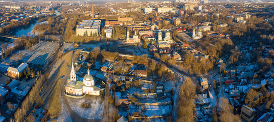 Panoramic aerial view of historical part of Serpukhov and Kremlin hill at sunny winter day. Moscow Oblast, Russia.