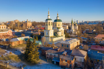 Fototapeta premium Aerial view of historical part of Serpukhov and church of Elijah the Prophet at sunny winter day. Moscow Oblast, Russia.