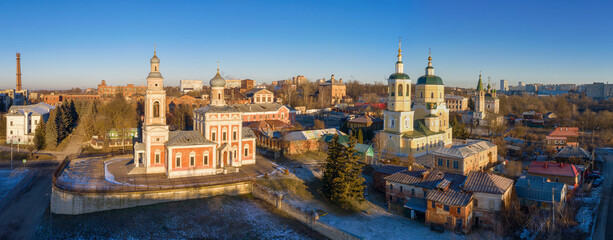 Panoramic aerial view of historical part of the town at sunny winter day. Serpukhov, Moscow Oblast, Russia.