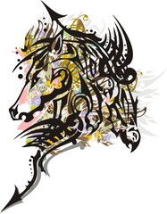 Grunge horse head with falcon splashes. Beautiful mustang with floral, golden decorative, feathers and arrows elements for your creative ideas, posters, wallpaper, prints, tattoo art, textile, etc.