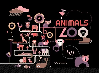 Gordijnen Vectorillustratie met veel verschillende iconen van dieren, vogels en vissen op een zwarte achtergrond. Conceptontwerp van dierentuindieren. ©  danjazzia