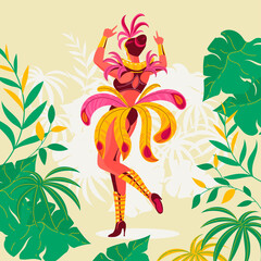 Exotic Brazilian carnival dancer with tropical foliage background vector illustration