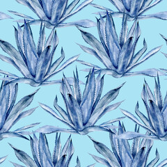 Watercolor seamless pattern agave isolated on color background.