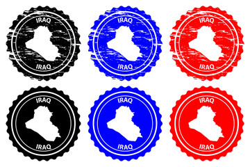 Iraq - rubber stamp - vector, Republic of Iraq map pattern - sticker - black, blue and red