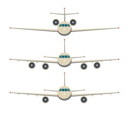 Airplane front view. Passenger or commercial jet isolated on background. Aircrfat in flat style. Set. Vector illustration