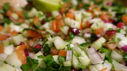 A salad with pomegranate, red onion, apple, cucumber, parsley, tomatoes and lime