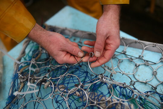 Oyster fisherman Adam Spargo fixes a hole in an oyster dredging basket, in the Fal Estuary