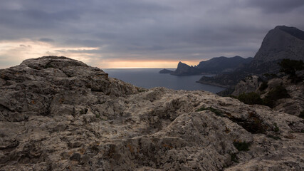 View of Cape Capchik and Sudak Bay from Mount Krepostnaya (the Fortress mountain), Sudak, Crimea