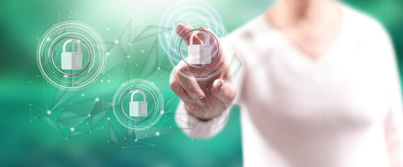 Woman touching a network safety concept