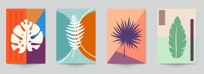 Fototapeta na wymiar Set of abstract art concept composition with silhouettes leafs and geometric shapes in minimal style. Design modern trendy background for print, poster, card, wallpaper. Botanical vector illustration.
