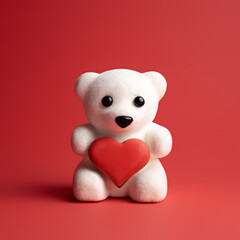 Valentine's day card made with white teddy bear holding heart on red background. Love or Women's day minimal concept.