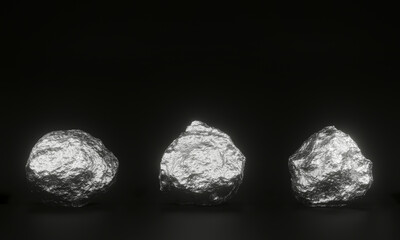 3D rendered pure silver ores on black background.