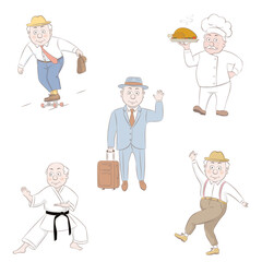 Set cartoon male characters in different poses.Vector illustration of an old man playing sports, dancing, traveling, cooking.