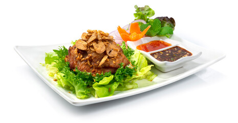 Fried Chicken ontop Crispy Garlic Thaifood Style