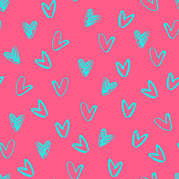 Seamless pattern. Hand drawn multicolored heart shapes, outlined and shaded, on pink background, for wrapping paper and other design projects. Valentines Day concept, love, romance concept