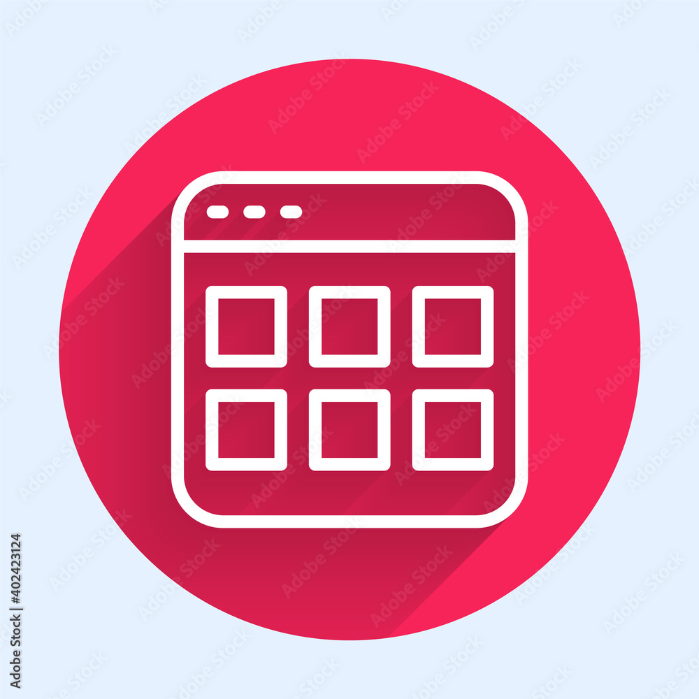 Poster white line browser files icon isolated with long shadow background. red circle button. vector.
