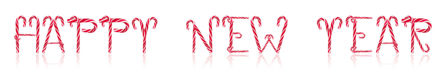 Happy New Year text written with candy canes isolated on white background. Holidays concept.