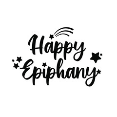 Black ink lettering. Text Happy Epiphany decorated with stars and comet symbols. Modern festive calligraphy isolated on white. Epiphany, Three Wise Men day greeting card. Black and white vector.