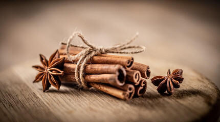 Star anise and cinnamon tied with rope
