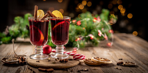 Glass cups with red mulled wine