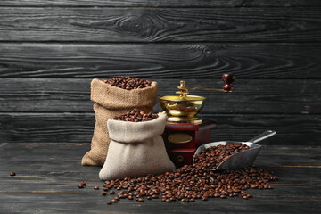 Composition with coffee bags on dark wooden background