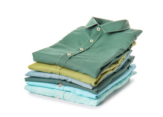Stack of folded male shirts on white background