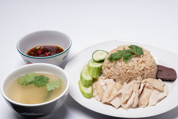 Steam Chicken with Rice (Hainan Chicken) on white background