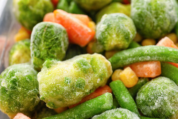 Mix of different frozen vegetables, closeup