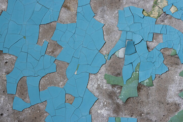 Blue peeling paint on the wall. Old concrete wall with cracked flaking paint. Weathered rough painted surface with patterns of cracks and peeling. High resolution texture for background and design.