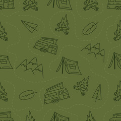 Vintage Hand drawn camping seamless pattern with retro camper, tent and mountains elements. Adventure silhouette line art graphics. Stock hiking linear background