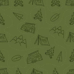 Wall murals Mountains Vintage Hand drawn camping seamless pattern with retro camper, tent and mountains elements. Adventure silhouette line art graphics. Stock hiking linear background