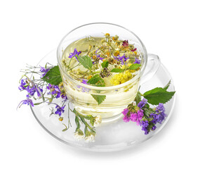 Cup of floral tea on white background