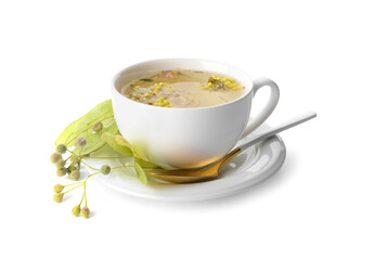 Cup of floral tea on white background