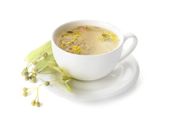 Cup of floral tea on white background
