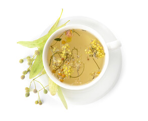 Cup of floral tea on white background