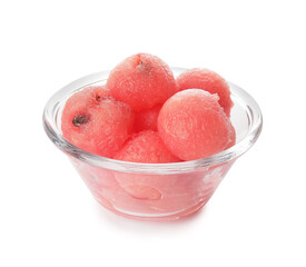 Bowl with tasty watermelon balls on white background