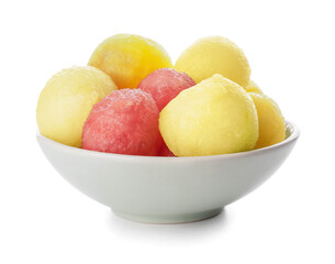 Bowl with tasty watermelon balls on white background