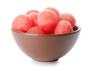 Bowl with tasty watermelon balls on white background