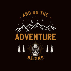 Vintage camp patch logo, mountain wildlife badge with trees and tent. Outdoor adventure emblem. Stock .