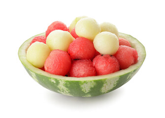 Tasty watermelon balls in ripe watermelon on white background