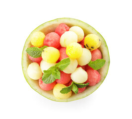 Tasty watermelon balls in ripe watermelon on white background