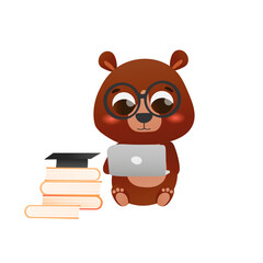 Adorable bear holding laptop and coding or studying, e-learning concept for kids in cartoon style, cute little bookworm, educational illustration