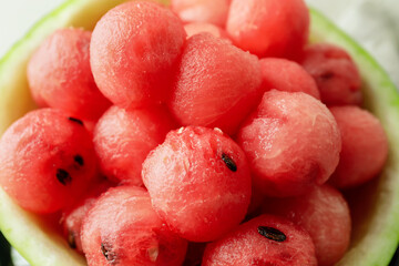 Tasty watermelon balls in ripe watermelon, closeup