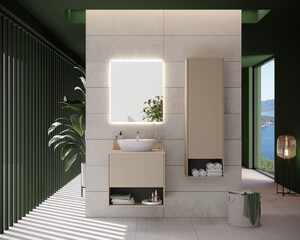 Modern bathroom design with bathroom furniture and plant, 3d render
