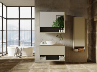 Modern bathroom design with bathroom furniture, 3d render