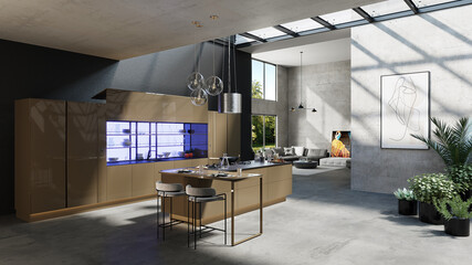 American style kitchen with living room design ,3d render