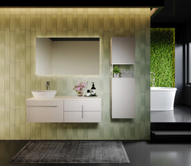 Bathroom design with cabinet and mirror, 3d render