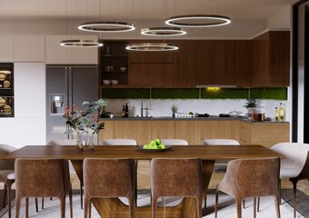 Kitchen design with wooden table kitchen cabinet, shelf and chairs  3d render